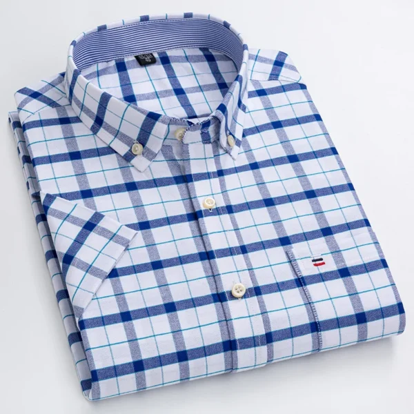 100% Cotton Men Oxford Shirt Short Sleeve Summer Plaid Striped Male Clothes Business Regular Fit Dress Shirt Oversized 7XL 6XL - Image 2