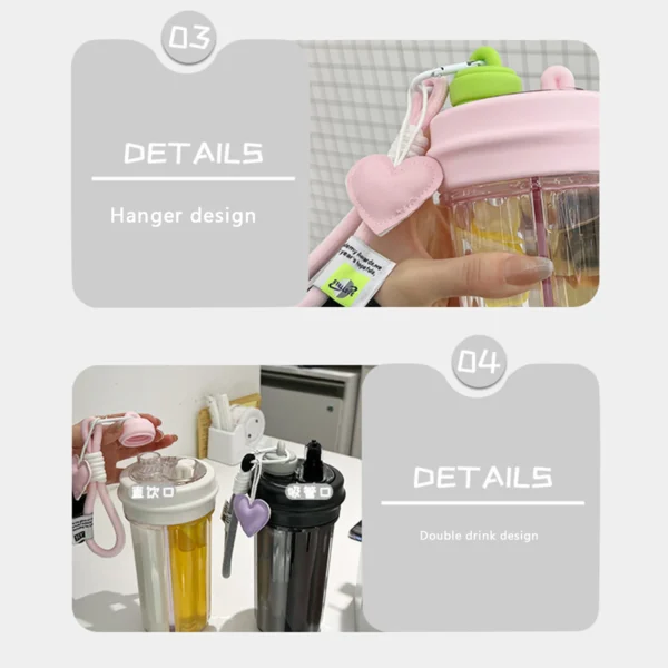 Water Bottle 2 in 1 Drinking Bottle with Compartment Straw Carrying Strap Reusable Drink Bottle for Daily Sports Gym - Image 6