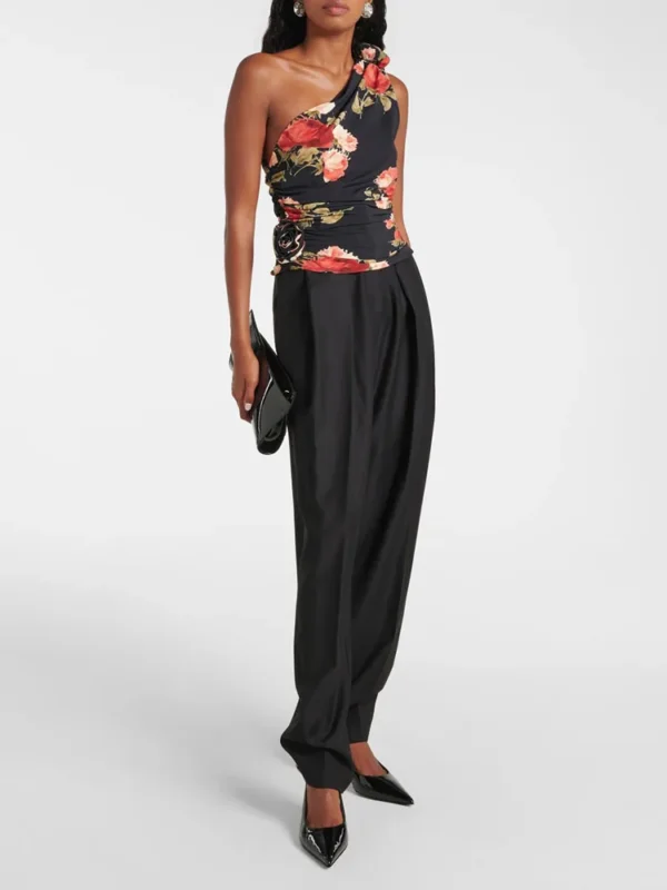 Woman clothing y2k spring and summer printing slant shoulder viscose tank top knot pleated one shoulder t-shirt2025Women top