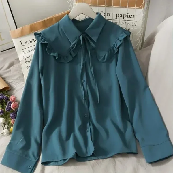 Spring Vintage Women Chiffon Shirts Korean Fashion Lace Up Loose Blouses Y2K Elegant Office Ladies Long Sleeve Outwear Tops New - Image 6