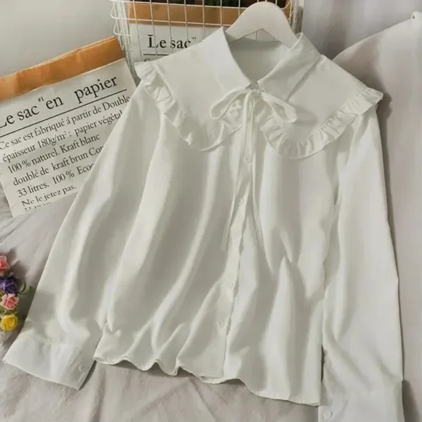 Spring Vintage Women Chiffon Shirts Korean Fashion Lace Up Loose Blouses Y2K Elegant Office Ladies Long Sleeve Outwear Tops New - Image 3