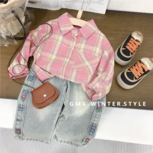 Pink Plaid Long Sleeve Baby Girl Shirt Children's Fashion Spring New Style Korean Version Baby Autumn Top Quality from China