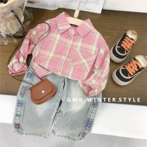 Pink Plaid Long Sleeve Baby Girl Shirt Children's Fashion Spring New Style Korean Version Baby Autumn Top Quality from China