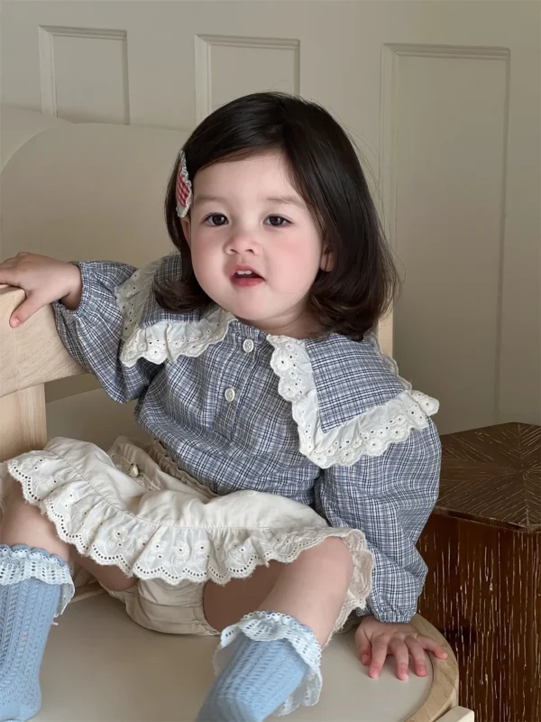 2025 Spring New Baby Girl Long Sleeve Plaid Shirts Kids Girls Lace Large Lapel Blouse Infant Cotton Tops Children Clothes - Image 2