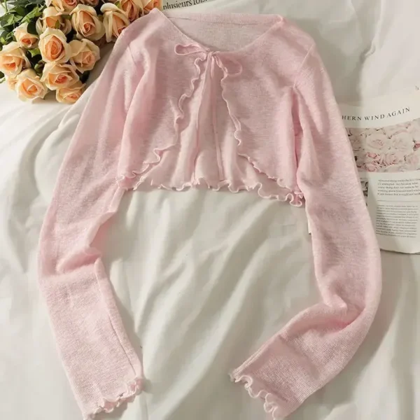 Women Frenum Cardigan Blouses and Tops Bow Lace Up Long Sleeve Crop Top Female Elegant Shirt Thin Aesthetic Clothes Korean Style - Image 2