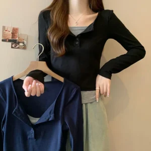 210 Gram Short Sleeve Long T-Shirt Women's Spring Autumn Thin round Neck Base Shirt Fake Two-Piece Upper Body Long Sleeve T-Shir
