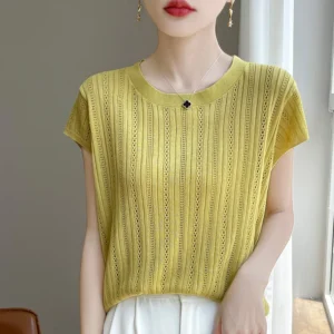 High Quality Women Cashmere short sleeves Summer Cashmere Knitwear Short Sleeve Pullover Sweater Popular Female Tops