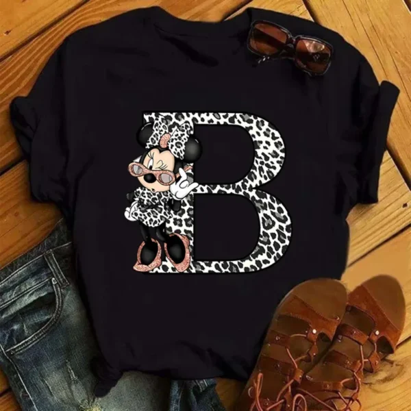Disney Leopard Minnie Mouse A-Z 26 English Letters Women T-shirt Short Sleeve Balck Tops Tee Clothing for Woman - Image 5