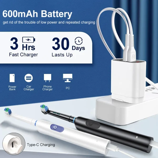 Electric Rotating Toothbrush Deep Clean Whitening Teeth for Adult Ultrasonic Toothbrush with 4/8pcs Refill Replacement Heads - Image 5