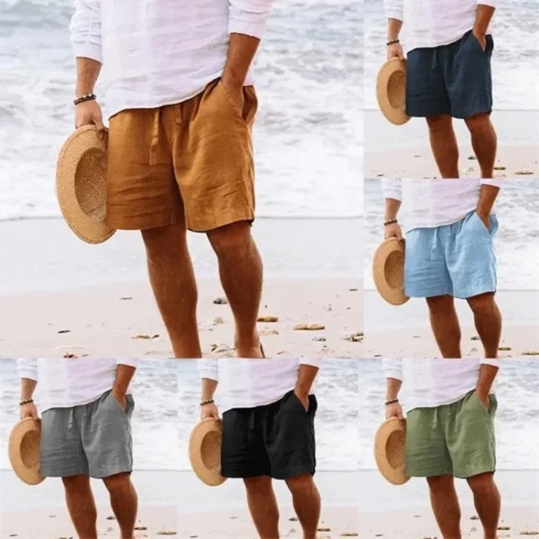 Men's Summer Cotton and Linen Shorts Draw Rope Elastic Waist Straight Leg Solid Color Breathable Daily Beach Quarter Pants - Image 2