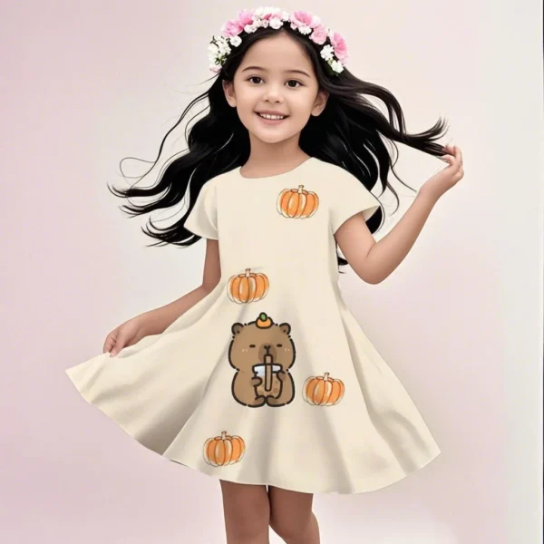 MINISO Summer Dress Fashion Cartoon Cute 3D Printing Dress Kid Short Sleeve Princess Clothing The Capybara Cartoon Is Cute - Image 4