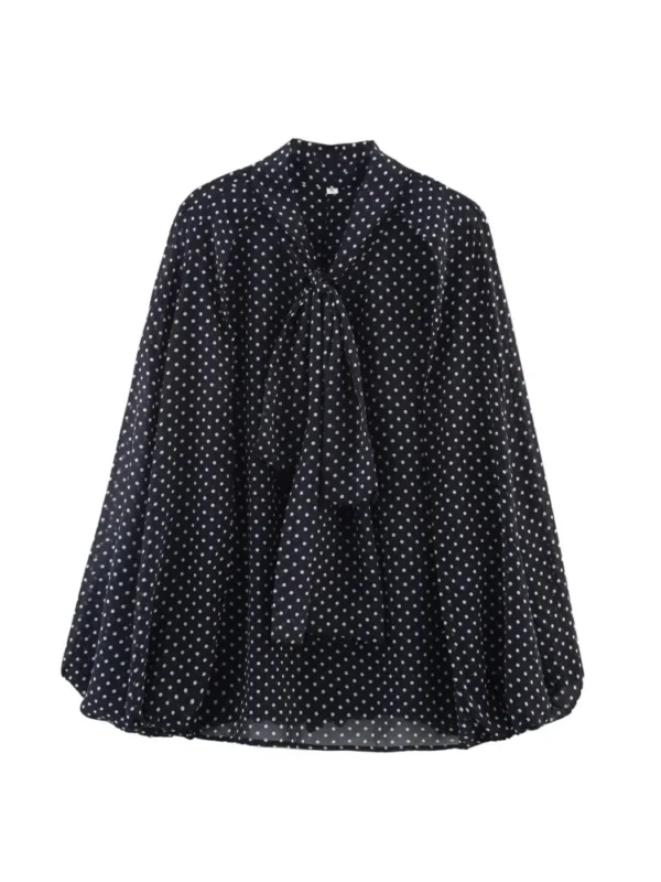 Cape Shirt With Tie Women Casual V Neck Lightweight Women's Blouse Polka Dot Lady Tops Long Sleeve Female Shirts & Blousers