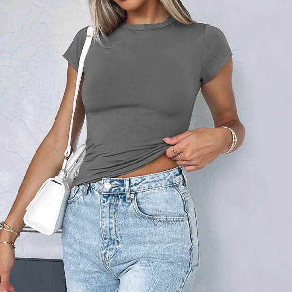 Women Short Sleeve T-shirts Causal O Neck Solid Slim Fit Tee Summer Sexy Basic Crop Top Simple T Shirt Female Y2K Tops Clothes - Image 3