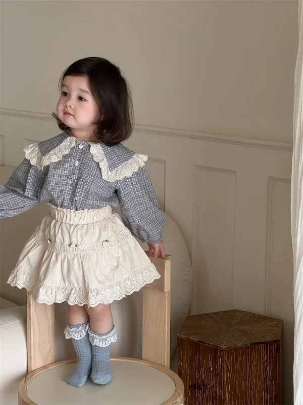 2025 Spring New Baby Girl Long Sleeve Plaid Shirts Kids Girls Lace Large Lapel Blouse Infant Cotton Tops Children Clothes - Image 4