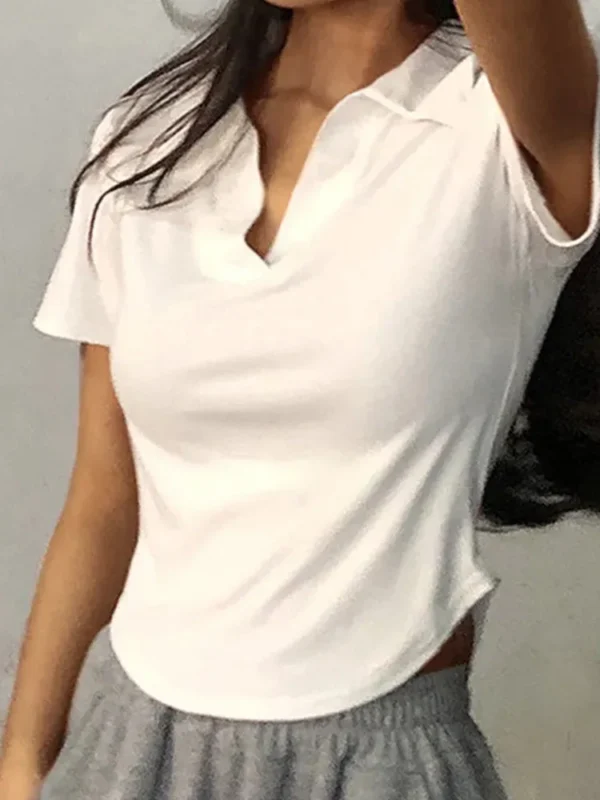 Summer Short Sleeve Lapel Top Women'S Solid V-Neck Pullovers Retro Sweet Shirts Hot Girl Crop Top Female Slim Versatile Tee - Image 4
