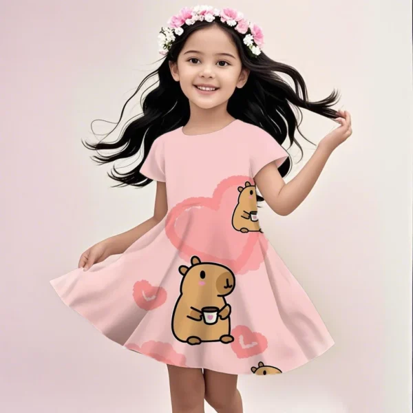 MINISO Summer Dress Fashion Cartoon Cute 3D Printing Dress Kid Short Sleeve Princess Clothing The Capybara Cartoon Is Cute - Image 5
