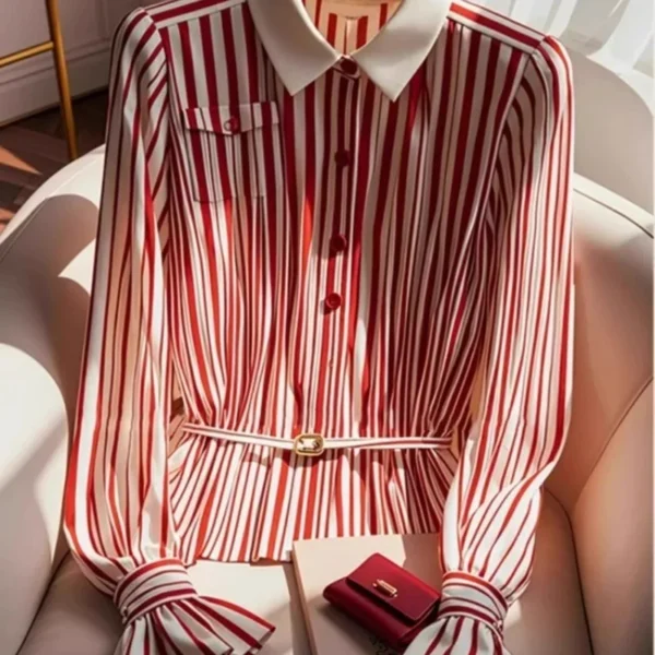 2025 Spring French High-end Red Stripe Blouse Polo Collar Brooch Top Autumn Women Small Fragrance Slim Belt Shirt Office Lady - Image 4