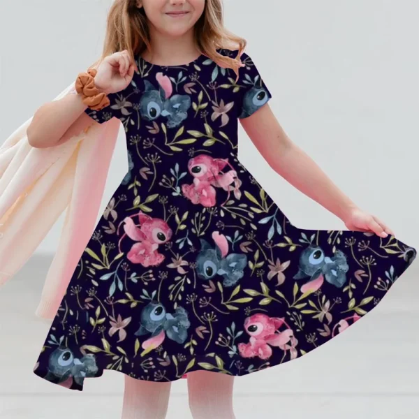 Summer New Children's Clothing 3d Printed Romantic Stitch Cute Girl Short-Sleeved Dress 3-14 Years Old Kids Performance Clothing - Image 5