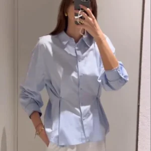 TRAFZA Women Fashion Solid Long Sleeves Turn-Down Collar Waist Button Design Shirts Female Spring Single-breasted Oxford Blouses