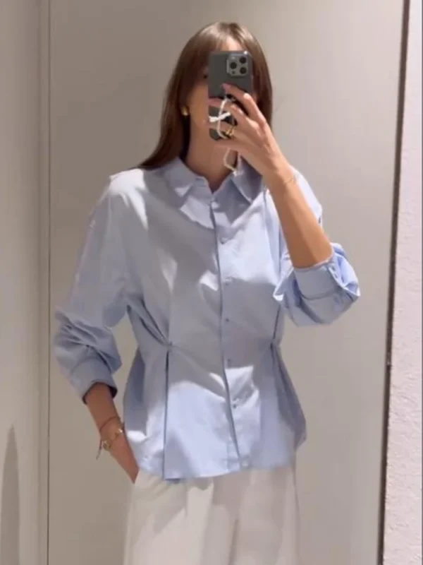 TRAFZA Women Fashion Solid Long Sleeves Turn-Down Collar Waist Button Design Shirts Female Spring Single-breasted Oxford Blouses
