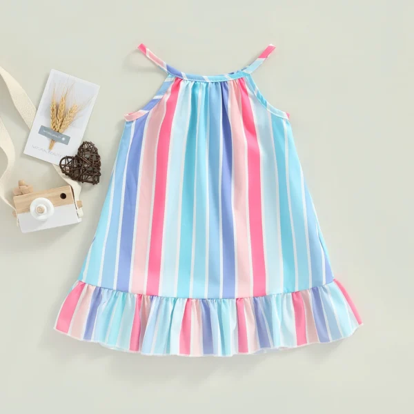 Kids Infant Baby Girls Summer Sleeveless Dress Vertical Stripe Print Ruffle Hem Casual Spaghetti Strap Dress 6M-4T - Image 3