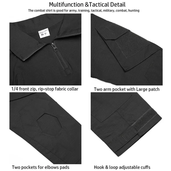 Men's Long Sleeve Combat Shirt 1/4 Zipper Ripstop Cotton Tactical Shirts Navy Blue Camoufalge Airsoft T Shirts - Image 3