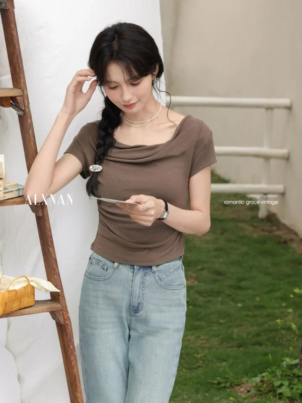 ALXNAN Light Brown Women's T-shirt 2025 Summer Slim Fit Elegant Draped Neckline Tees Casual Office Korean Style Clothing L55050 - Image 2