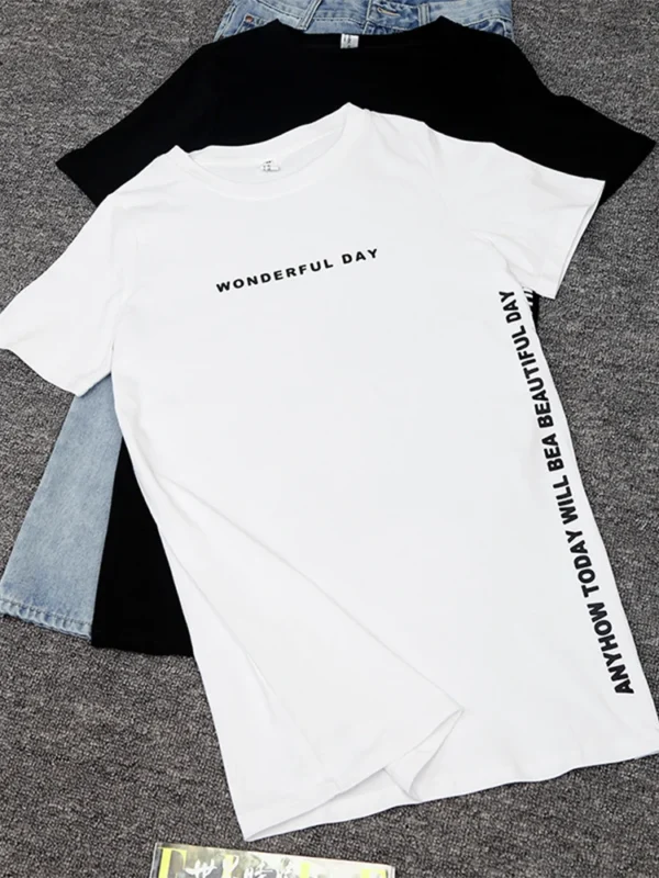 WONDERFUL DAY Print Long T shirts Summer Women Loose Slit Femme Tops Tshirt Short sleeve Ladies t-shirt - Image 6