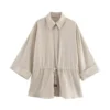 ZBZA Women Lace-up Loose Shirt Lapel Short-sleeved Single-breasted Solid Color Simple Commuter Blouse Pring Summer New Chic Top