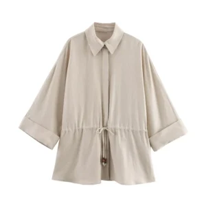 ZBZA Women Lace-up Loose Shirt Lapel Short-sleeved Single-breasted Solid Color Simple Commuter Blouse Pring Summer New Chic Top