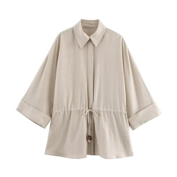 ZBZA Women Lace-up Loose Shirt Lapel Short-sleeved Single-breasted Solid Color Simple Commuter Blouse Pring Summer New Chic Top