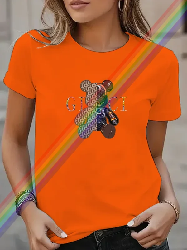 2025 Summer Fashion Bear Printing Luxury Brand Clothing T-Shirt Harajuku 100% Cotton For Women's O-Neck Short Sleeve Top Tees - Image 3
