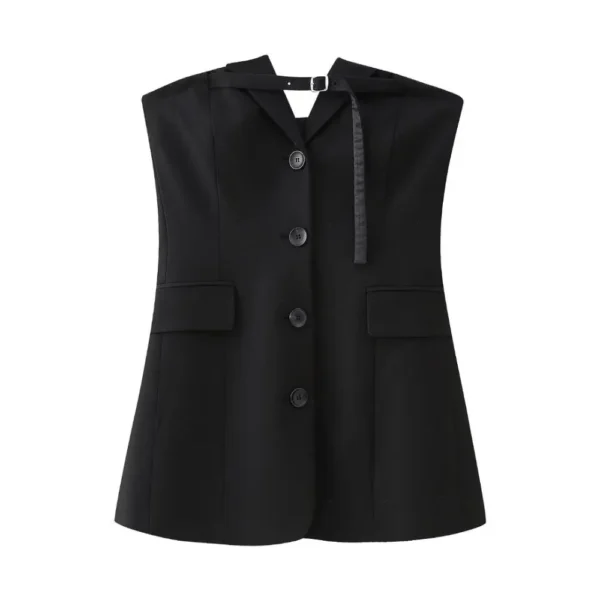 ZBZA Women's Sexy Lace-Up Top Backless Pleated Single-breasted Sleeveless Solid Color Slim-fit Top Spring Summer Female Chic Top