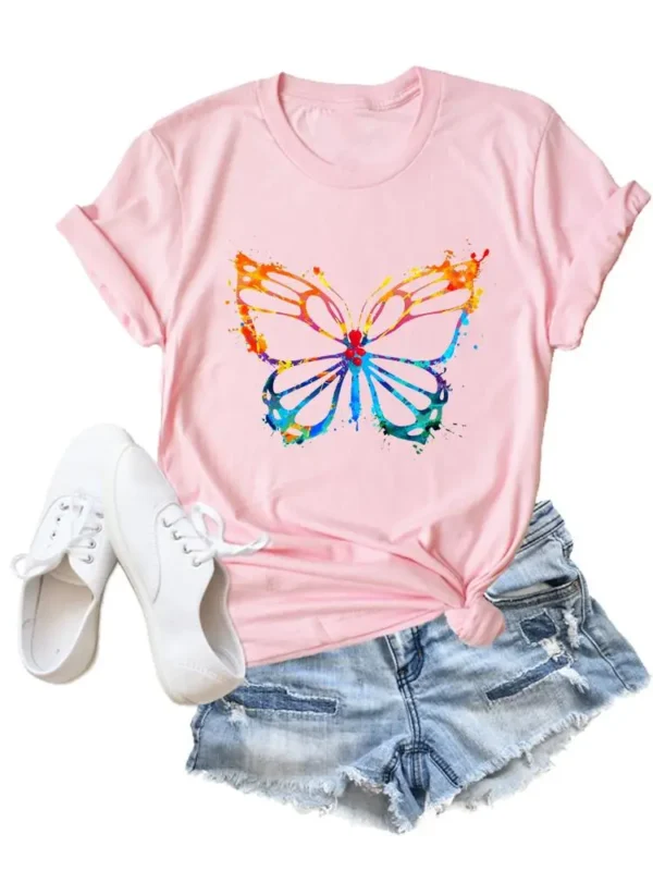 Flower Butterfly Style Trend Clothing Fashion T-Shirt Cartoon Tshirts Summer Tee Women Lady Print Casual Graphic T Top - Image 2