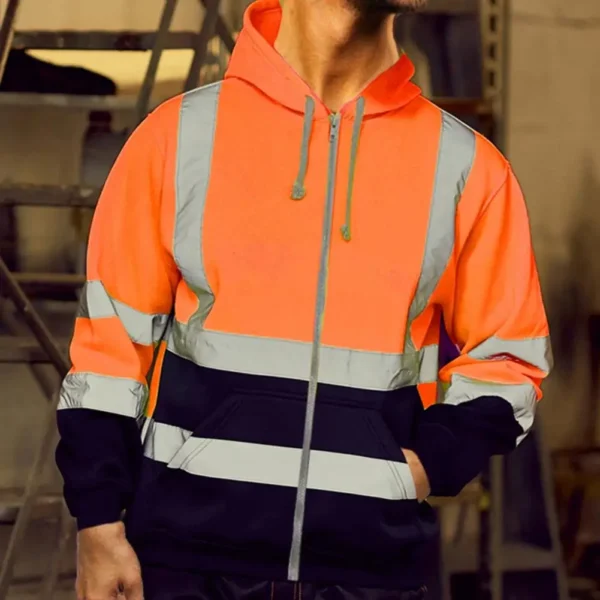 Reflective Strip Men Hoodie Coat Safe Warning Drawstring Zipper Long Sleeve Sanitation Overalls Outdoor Work Safety Jacket - Image 2