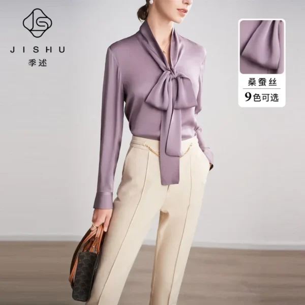 Silk Shirt Women's Thick Temperament Streamer 2024 Spring and Summer New Mulberry Silk Lace-up Design Shirt Long-sleeved Top - Image 2