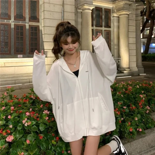 2024 Summer New Letter Loose-fit Slimming Ice Silk Sun Protection Long Sleeve Hooded Sweatshirt Jacket For Women White - Image 3