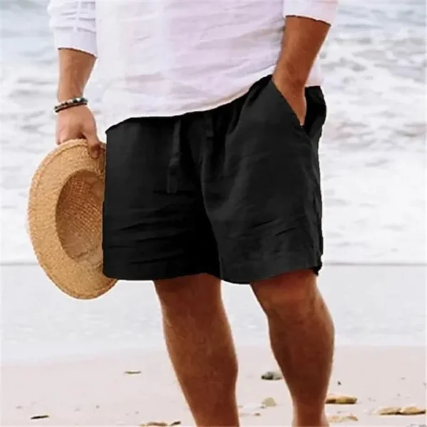 Men's Summer Cotton and Linen Shorts Draw Rope Elastic Waist Straight Leg Solid Color Breathable Daily Beach Quarter Pants - Image 3