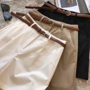Summer Women's Suit Shorts Loose Slim Casual Wide Leg Short Pants with Belt Office Lady Cotton Bermuda Shorts for Women
