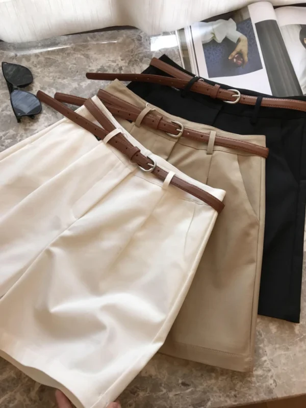 Summer Women's Suit Shorts Loose Slim Casual Wide Leg Short Pants with Belt Office Lady Cotton Bermuda Shorts for Women