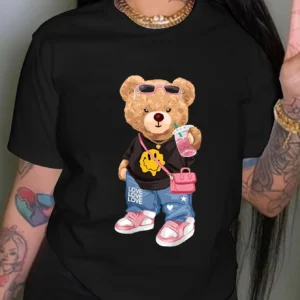 Cool Little Bear Print T-shirt, Short Sleeve Crew Neck Casual Top For Summer & Spring, Women's Clothing