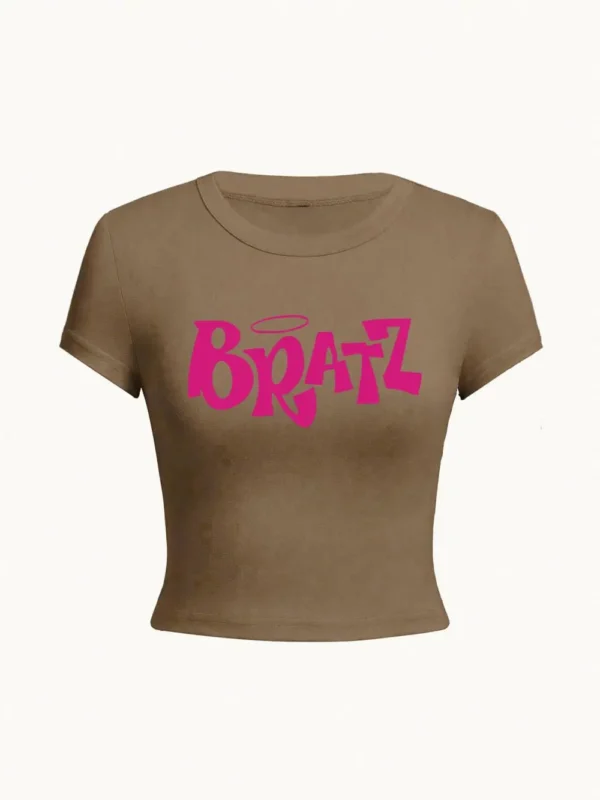 Personality Womens Crop T-Shirt Y2K Pink Bratz Letter Prints Short Sleeve High Elastic Soft O-Neck Tees Sexy Club Female Clothes - Image 5