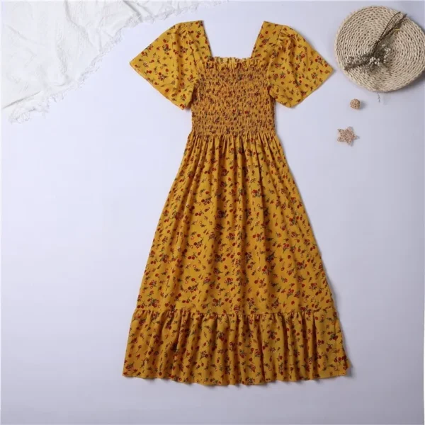 Spring Summer Chiffon Dress Women Midi DressesFemale Short Sleeve Elastic Waist Printed Floral Pleated Backless Casual Dress - Image 4