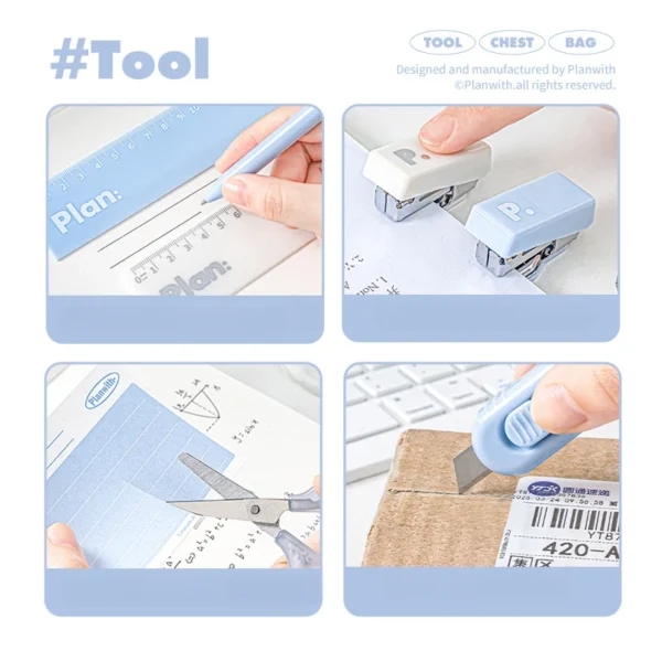 10pcs/bag Mini Student Stationary Set for Kids Simplicity Blue White Color Pen Ruler Stapler Scissors Knife Set School Supplies - Image 3