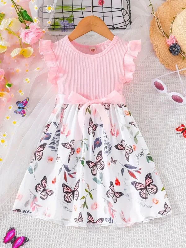 Set For Kids Girl 3-7 Years old Ruffled Sleeve Butterfly Floral Tulle Cute Princess Formal Dresses with Belt Ootd For Baby Girl - Image 2