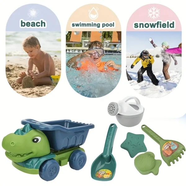 Dinosaur Beach Toys Set 6PCS with Wheelbarrow -Durable Sand Play KitIndoor/Outdoor Sandbox Games Head Storage&Vibrant Colors - Image 6