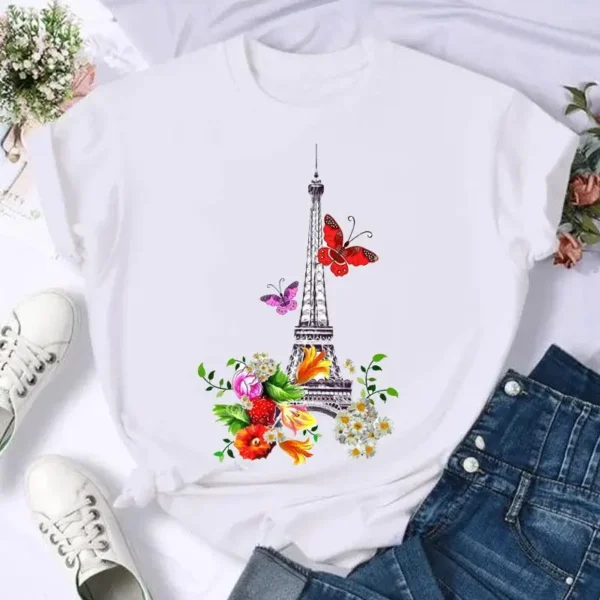 Short Sleeve Butterfly Bow Sweet Flower Fashion Summer Women Print T Shirt Female Casual Top Tshirts Cartoon Graphic Tee T-Shirt - Image 3