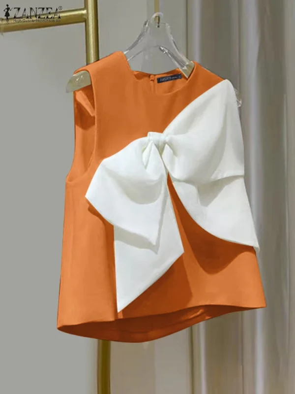 ZANZEA Sweety Sleeveless O-neck Tops Korean Chic Bow Tie Tanks 2024 Summer Beach Patchwork Tank Tops Women Solid O-neck Blouse - Image 2