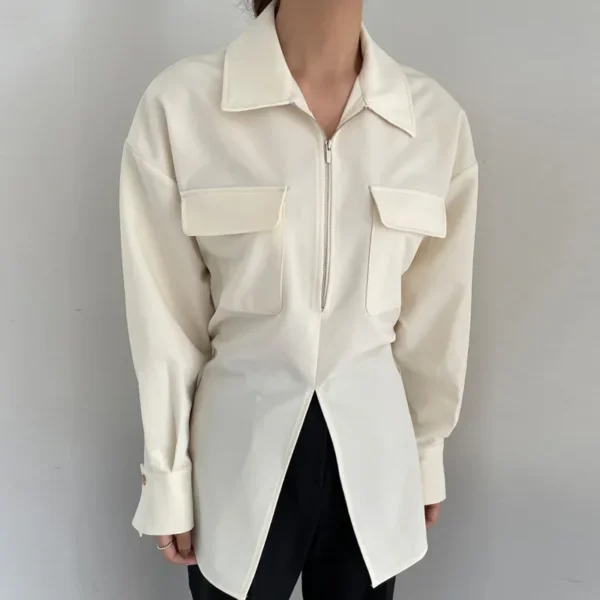 Elegant Chic Korean Style Minimalist Design Women's Shirt With Zippered Dual Pockets And Side Slit Back Strap - Image 3