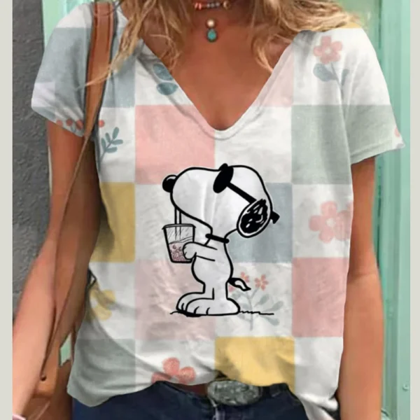 Fashion Snoopy Print Casual V-neck Top Tee Shirt Women Black White T-shirtWomen T Shirt Harajuku Short Sleeves T shirts - Image 5
